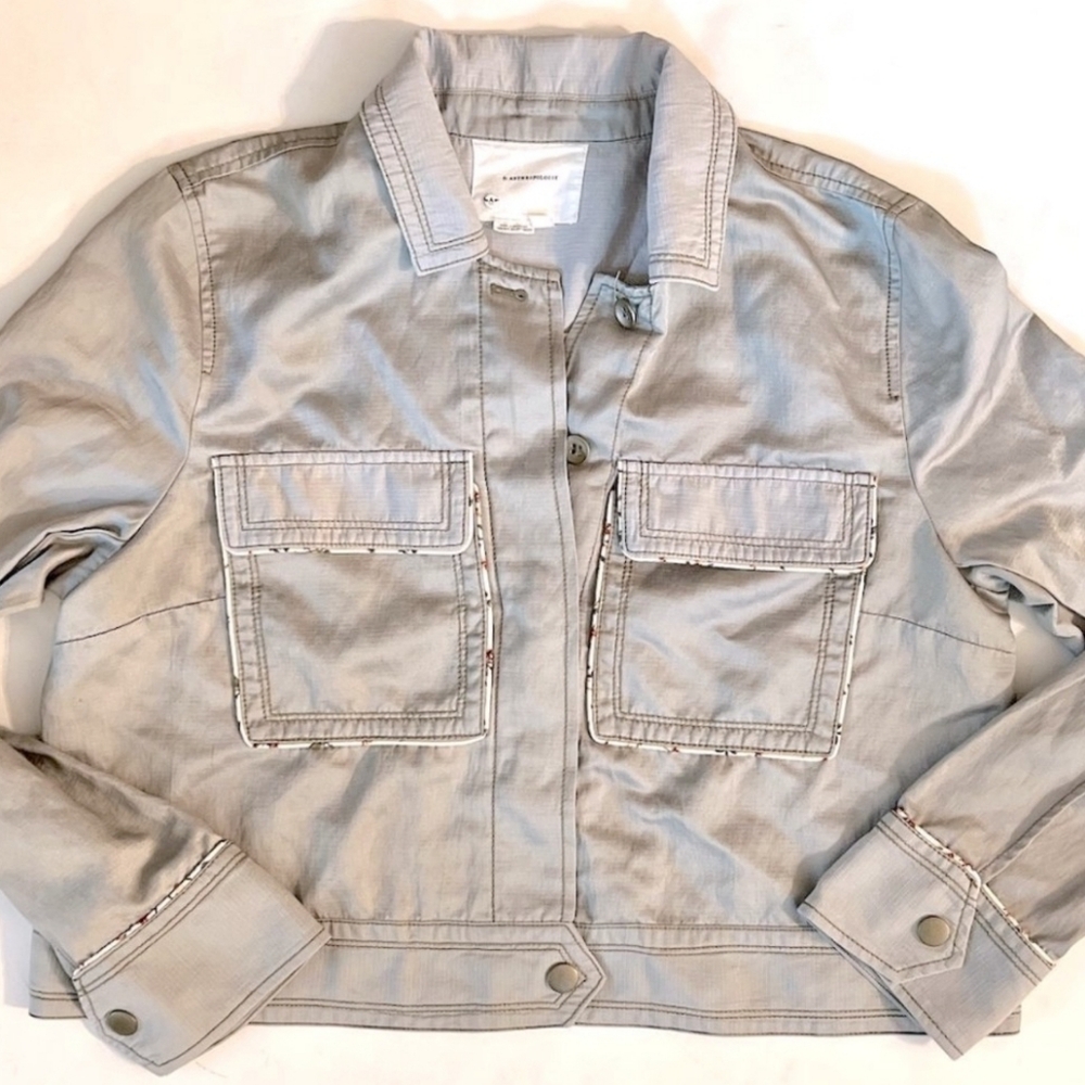 ANTHROPOLOGIE Sage Green Linen BlendButton Front Utility Crop Jacket XL